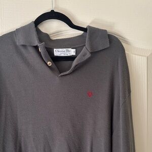 Dior Men’s Gray Polo Sweater with Red Embroidered Logo